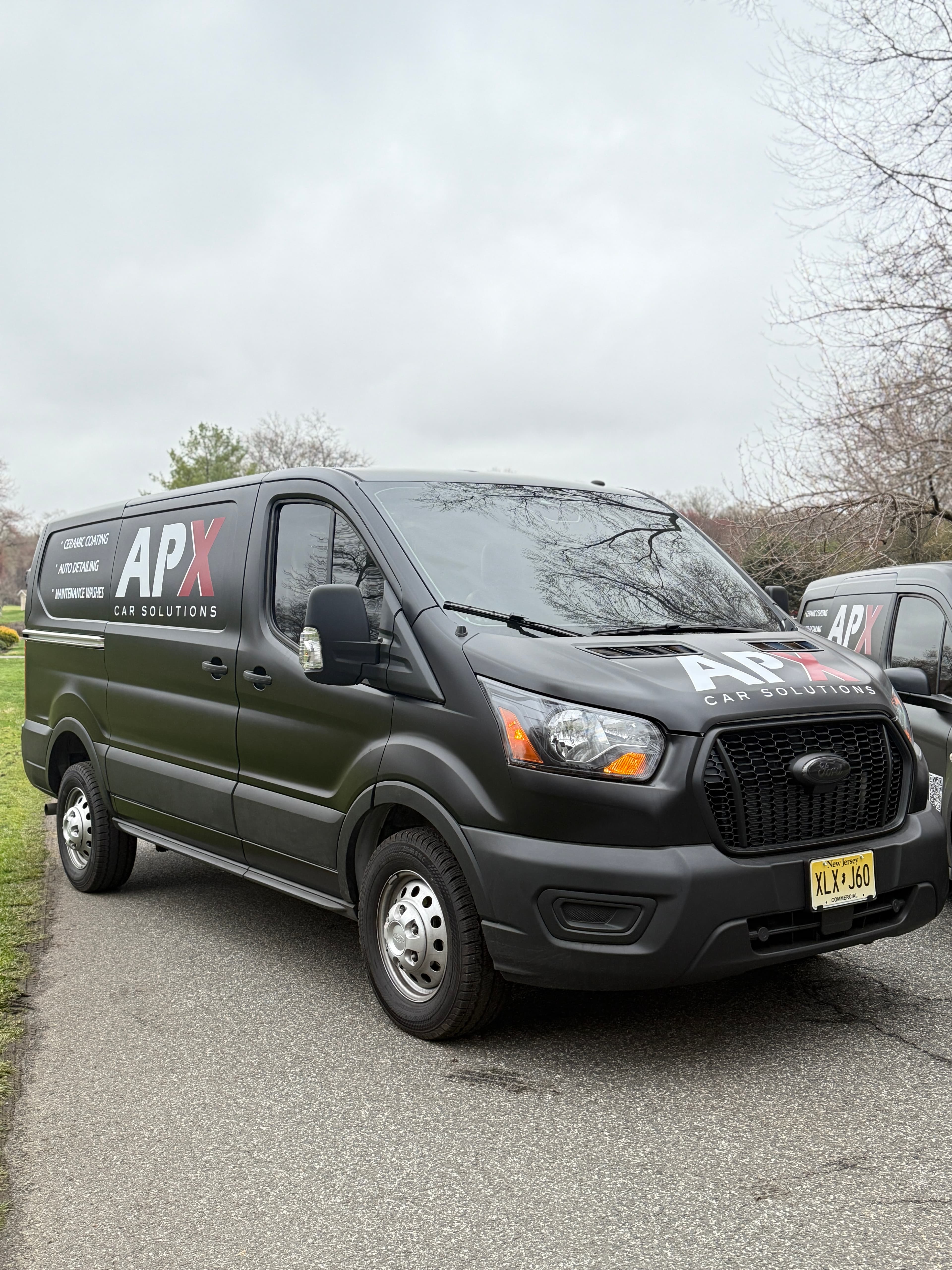 APX Car Solutions branded detailing van parked on a tree-lined Bergen County street